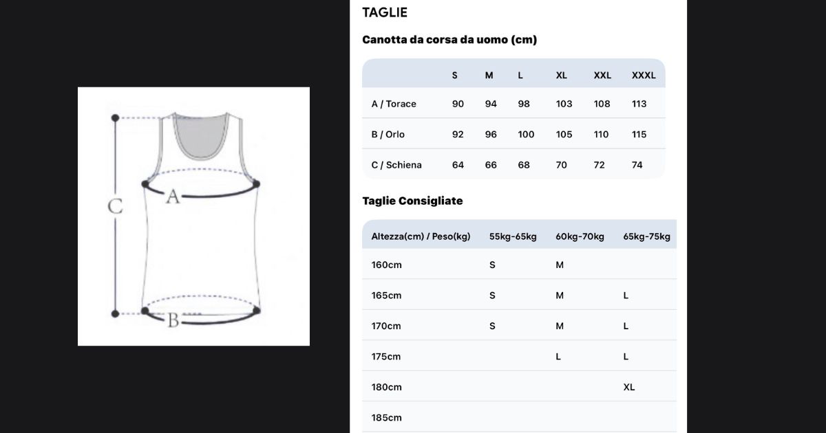 Tabella Misure Divisa Running